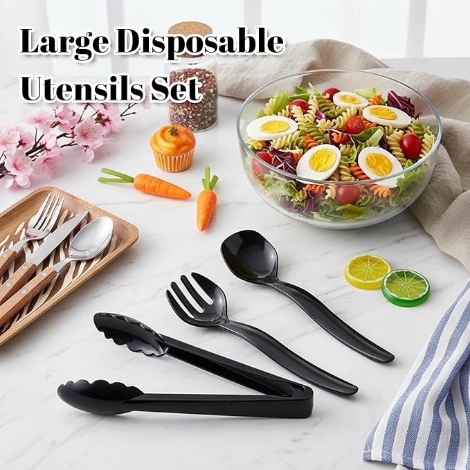 36 Pcs Black Plastic Serving Utensils Set, 9'' Disposable Serving Spoons Forks Tongs for Servings Food Heavy Duty Party Utensils for Dinner Parties Buffets Banquets Birthday Weddings Daily Use