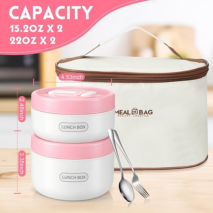 Dandat 4 Pcs Insulated Bento Box Portable Stainless Steel Food Container Round Stackable Leakproof Thermal Food Container for Adult Men Women with Insulated Bag, 74 oz (Pink)