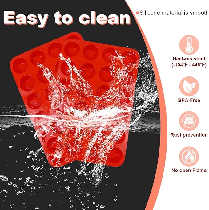 2 Pack Silicone Mini Muffin Pan, Non-Stick 24 Cups Cupcake Pan, BPA Free and Dishwasher Safe, Perfect for Making Muffin Cakes, Tart, Bread（Red）