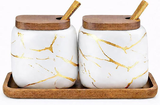 2 Sets of Marble Ceramic Seasoning Jars Ceramic Sugar Bowl with Lids，Tray and Spoons (white)
