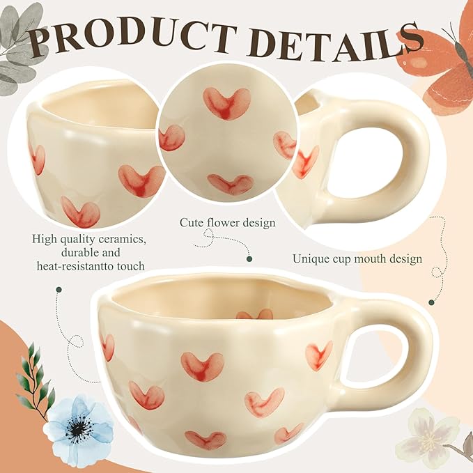 Vesici 2 Pcs Ceramic Coffee Mugs with Spoon, Vintage Floral Spring Mugs with Handle, 8.5 oz Aesthetic Flower Porcelain Tea Cup Set, Dishwasher & Microwave Safe for Home Office Gift(Heart,Rose)