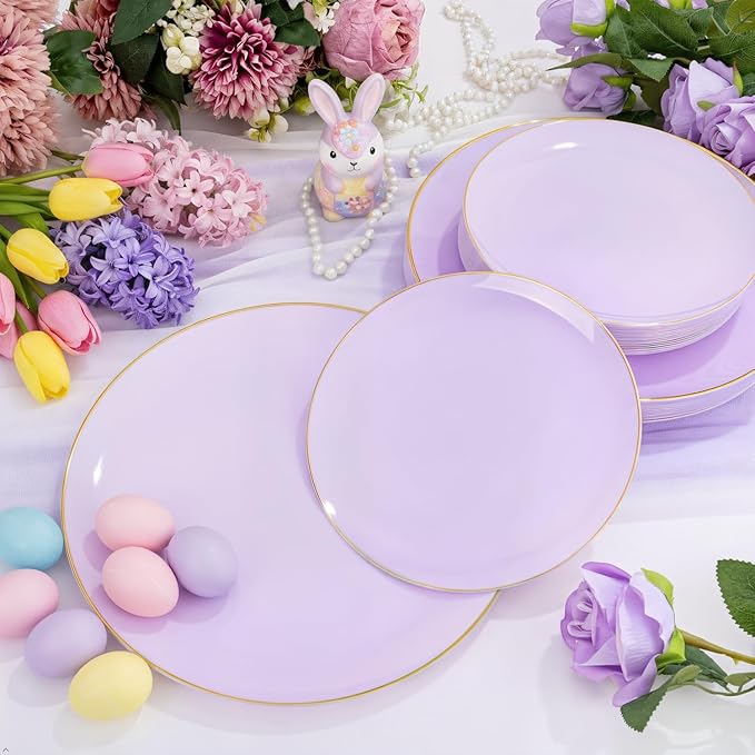 PULOTE 100PCS Purple Plastic Plates Disposable - Include 50 Dinner / 50 Dessert Plates Heavy Duty for Party, Wedding&Easter