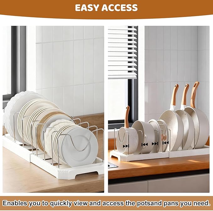 Expandable Pot Rack Organizer, 12 Adjustable Compartments, Pot and Pan Organizer Rack for Cabinet with Cup Brush Dividers, 13 -22" Wide Adjustable Pan Organizer - Pantry Countertop Storage (White)