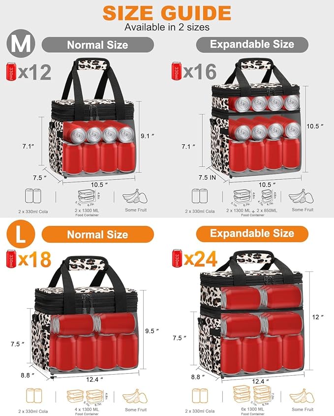 Lunch Box For Men Women Double Deck Insulated Lunch Bag For Men Woman Leakproof Expandable Cooler Bag with Adjustable Shoulder Strap for Kids Shool Work Picnic Camping(Leopard,Large)