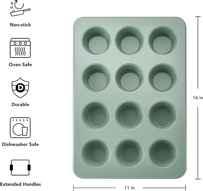 KitchenAid Nonstick Swiss Engineered Aluminized Steel Muffin Pan, Dishwasher Safe, 12 Cup, Cardamom