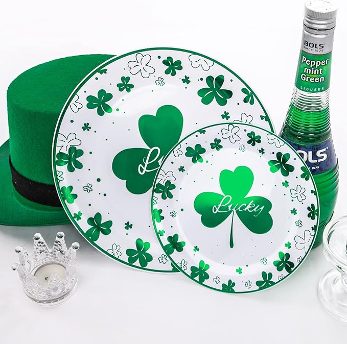 Rubtlamp 60Pcs Plastic Green Plates,St Patricks Day Plates with Green Trefoil and Lucky Alphabet, Green Disposable Plates include 30 Plastic White Dinner Plates and 30 Salad Plates for Spring