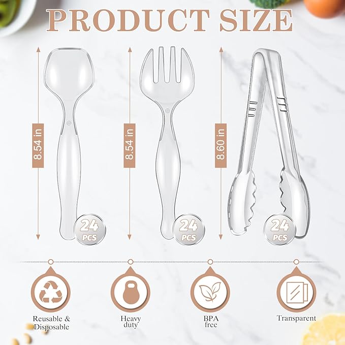 Mwellewm 72Pcs Serving Utensils Large Plastic Serving Utensils Set Serving Spoons for Buffet Clear Disposable Plastic Tongs 8.5'' Heavy Duty Slotted Spoons/Forks Supplies for Party Food Salad Soup