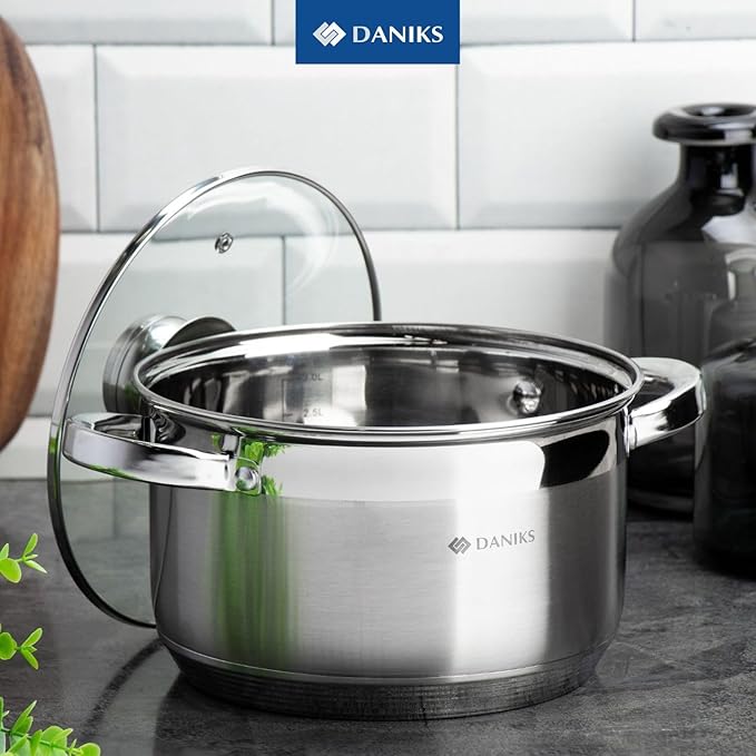 Daniks Standard 7 Quart Stainless Steel Stock Pot with Glass Lid, Try-Ply Bottom for Even Heating, Induction Compatible, Dishwasher Safe, Built-In Measuring Scale, Silver