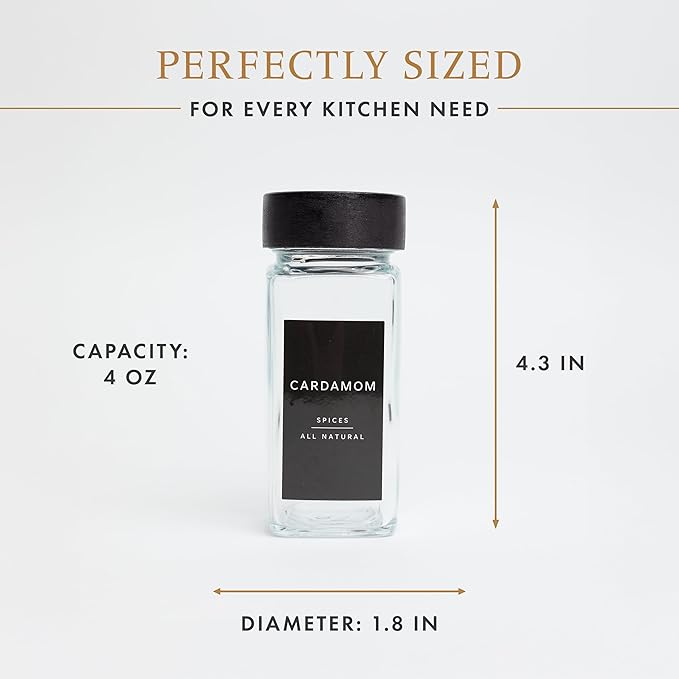Glass Spice Jars with 360 Labels -24 pcs- 4oz- Spice Containers black Bamboo Lids -Shaker Lids- Pepper Grinder-Spice Organization for Cabinet-Drawer-Rack-Seasoning Organizer-Square bottles