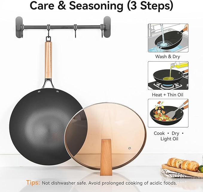 WANGYUANJI 12.6" Carbon Steel Wok with Glass Lid & Detachable Wood Handle, Heavy Duty Thick Gauge Flat Bottom Wok Pan for Induction, Gas & Electric Stoves, Unseasoned Asian Stir Fry Pan