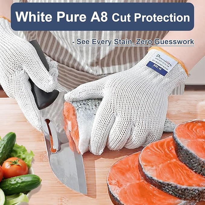 Dowellife Level 8 Reinforced Cut Resistant Gloves, Food Grade, Knife Safety Gloves for Meat Cutting, Oyster Shucking, Fish Fillet, Kitchen Slicing and Wood Carving, White, Large