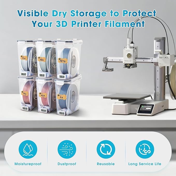 Filament Storage Box - 4 Pack 4L 3D Printer Filament Containers with 4 Hygrometers, Airtight Dry Boxes for Sealing and Protection, Water-Proof & Dust-Proof, Reusable Desiccant, Tube Cutter & Labels