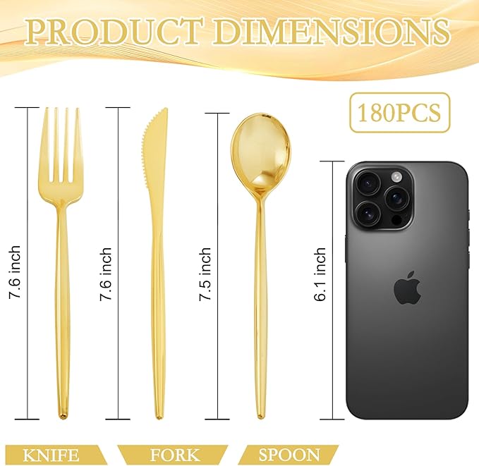 Supernal 180PCS Gold Plastic Silverware Gold Silverware Disposable Cutlery Plastic Utensils Heavy Duty Disposable Utensils Includes: 60 Knives, 60 Forks and 60 Spoons for Party, Birthday, Wedding