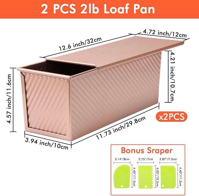 Beasea Pullman Loaf Pan with Lid, 2 Pack 2 lb Large Bread Loaf Pans 12x4inch Nonstick Carbon Steel Toast Box with Dough Scraper Set for Homemade Bread Sandwich Oven Baking - Rose Gold