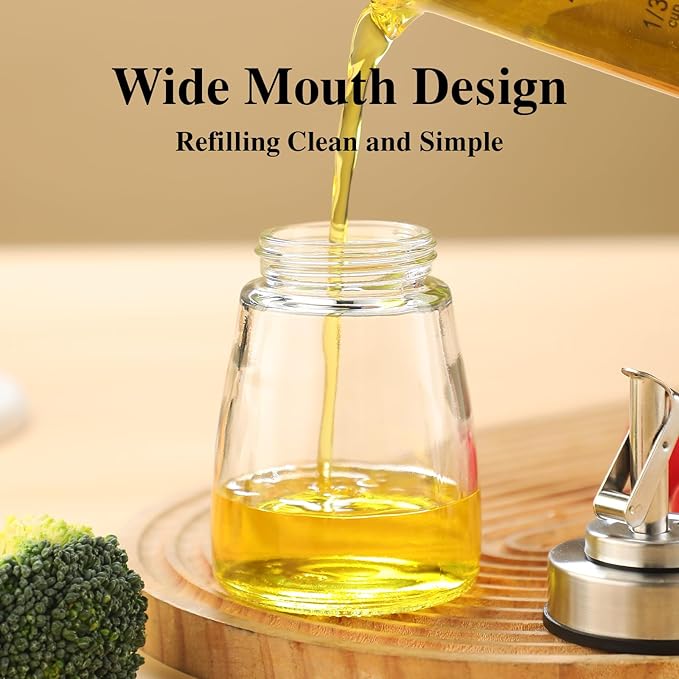 2-Pack Glass Oil Dispenser Bottle with Stainless Steel Spout, Automatic Opening Lid, for Cooking Oil, Vinegar, Sauces, Syrup, 6OZ