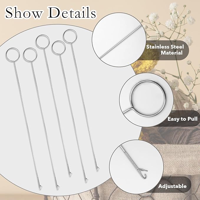 Haikole 10.4 Inch Loop Turner Tool for Silicone Beads 5PCS Loop Turners Sewing Tool,Sewing Loop Turner Hook for Fabric Belts Strips Tube Straps DIY Accessories (Silver 5pcs)