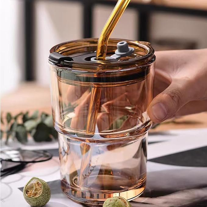 13oz Iced Coffee Cups, Glass Tumbler with Straw and Lid Sealed Carry On Thick Wall Glass Cups with Lid, Reuseable Water Cups for Smoothies, Matcha, juice （Amber