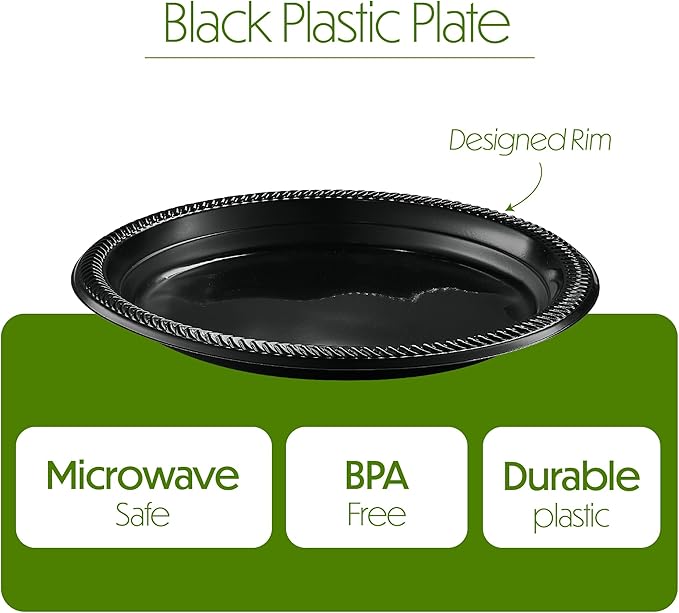 PLASTICPRO 200 PCS Black Plastic Plates Light Weight 9 Inch Plastic Dinner Plates Black Plate Disposable for Party and Wedding