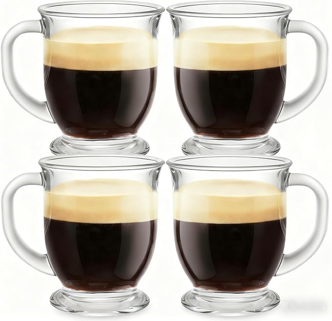 Set of 4 Clear Glass Coffee Mugs,16 OZ Large Clear Glass Beer Cups with Handle,Diner Cup for Hot Beverages,Tea, Cappuccino, Latte, Espresso, Juice Mothers