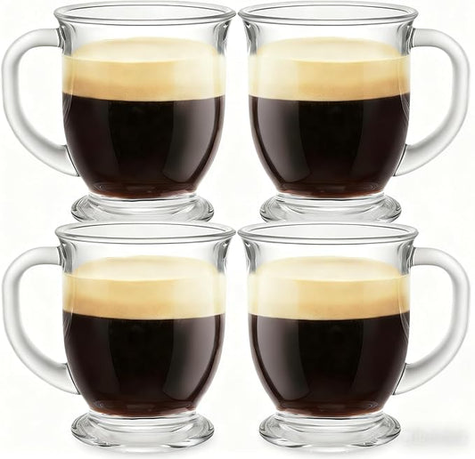 Set of 4 Clear Glass Coffee Mugs,16 OZ Large Clear Glass Beer Cups with Handle,Diner Cup for Hot Beverages,Tea, Cappuccino, Latte, Espresso, Juice Mothers