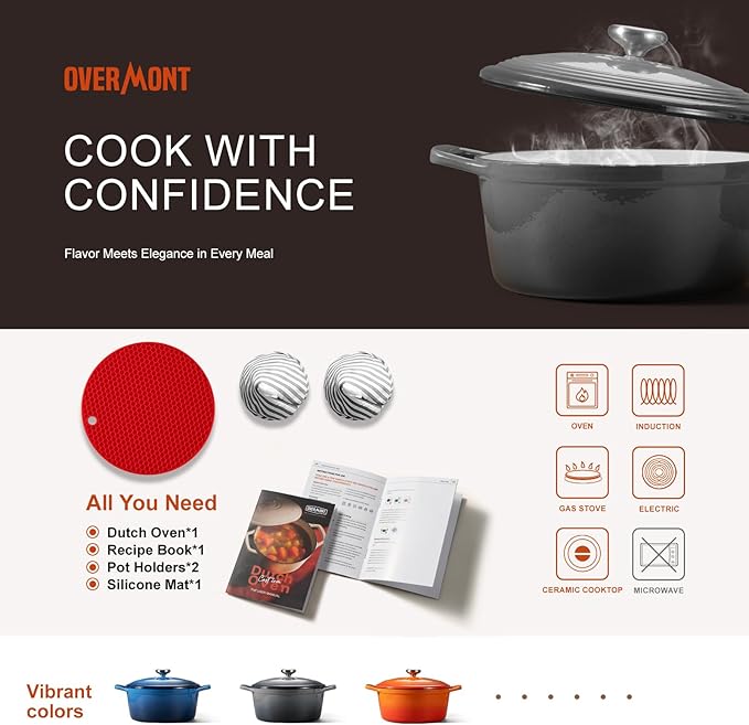 Overmont Enameled Cast Iron Dutch Oven - 5.5QT Pot with Wide Handles Lid Cookbook & Cotton Potholders - Heavy-Duty Pre-Seasoned Cookware Oven Safe to 500°F for Braising, Stews, Roasting, Bread Baking