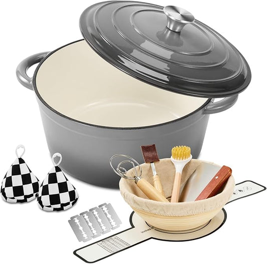 Enameled Cast Iron Dutch Oven with Lid -6.5 QT, incl. Sourdough Bread-Baking Supplies like Banneton Proofing Basket, Heavy Duty Cookware Bread-Oven for Baking, Stews, and Roasting, Gray