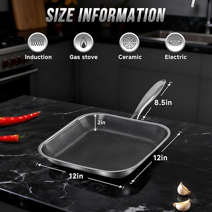 Non Stick Stainless Steel Skillet,12 Inch Square Frying Pan, Nonstick Grill Pan for All Stoves, Oven Dishwasher Safe, PFOA Free