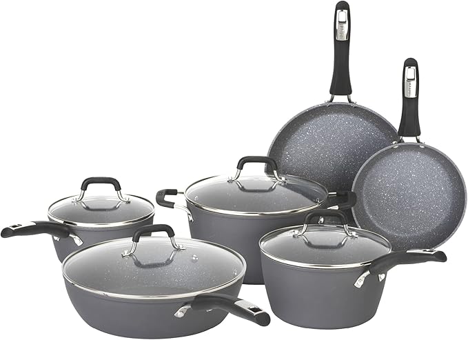 Bialetti Impact 10-Piece Textured Aluminum Cookware Set with Pots, Pans, and Dutch Oven, Nonstick Pots and Pans Set for Kitchen, Gray