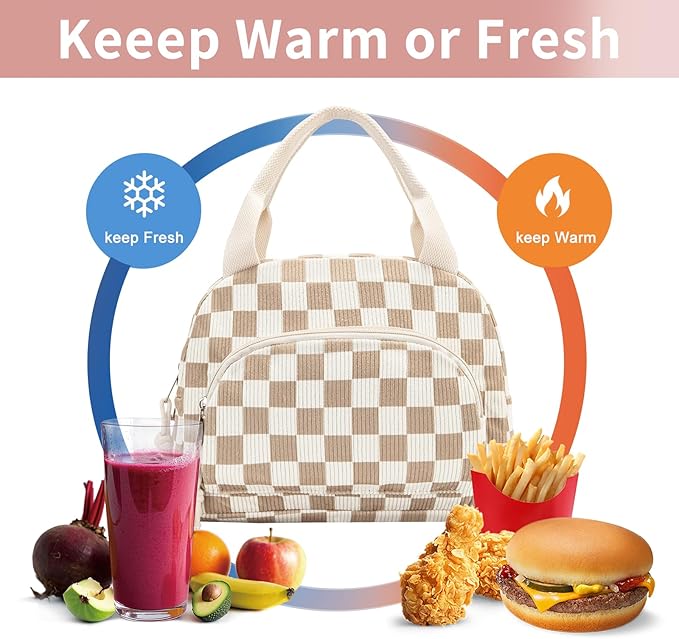 Lunch Bag Women Lunch Box for Women Adult Cute Insulated Lunch Bag Small Cooler Lunch Tote Bags for Work Picnic Travel (Beige-Brown Plaid)