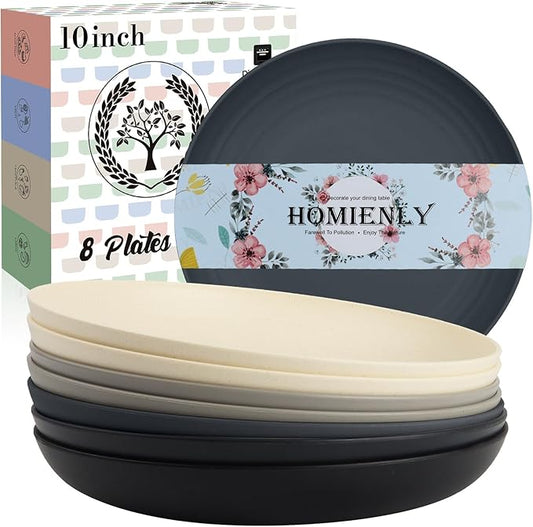 Homienly Premium Wheat Straw Dinner Plates, Reusable 8 PCS Unbreakable Plates 10 inch Plate Set, Alternative Plastic Plate Microwave and Dishwasher Safe Plates Set for Home - GreyStone