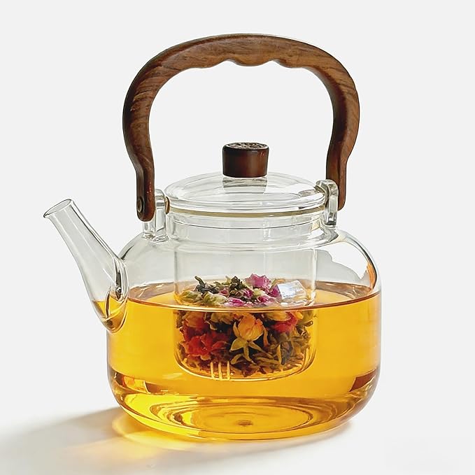 Glass Teapot with Removable Loose Tea Infuser, 50oz Stovetop Safe Glass Tea Kettle for Loose Leaf Tea, 1500ml Borosilicate Clear Tea Pot for Blooming Tea, Heat Resistant