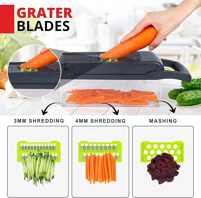 Vegetable Chopper Dicer with Container Cheese Grater Mandoline Slicer Cabbage Shredder French Fry Cutter Stainless Steel For Veggie Onion Potato Fruit Food,Manual Hand Cooking Gadget for kitchen