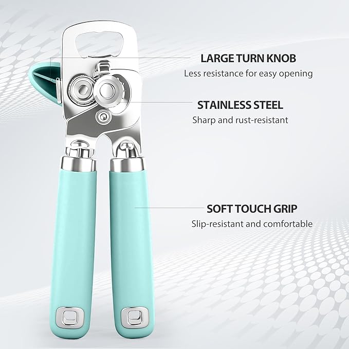 Can Opener Manual, Heavy Duty Stainless Steel Smooth Edge Can Openers With Soft Touch Handle, Oversized Handheld Easy Turn Knob, Multi-Function Bottle Opener, Aqua Sky