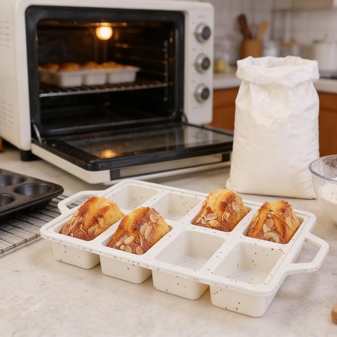 Silicone Mini Loaf Pans with Metal Reinforced Frame - Non-stick 8-Cavity Silicone Bread Pan for Baking, Tiny Banana Bread Set, Dishwasher Safe Brownie Pan-Cream