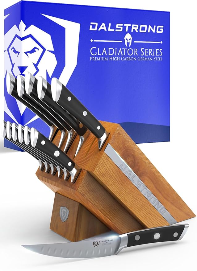 Dalstrong 12-Piece Knife Block Set - Gladiator Series Elite - Black Handles - German HC Steel - Hand-Made Manchurian Ash Wood Block - NSF Certified