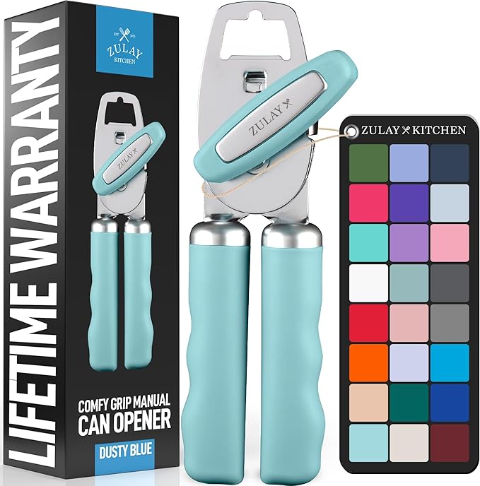 Zulay Kitchen Heavy Duty Stainless Steel Can Opener Manual with Bottle Opener - Rust Proof Manual Can Opener With Turn Knob & Comfy Soft Grip Handles - Dusty Blue