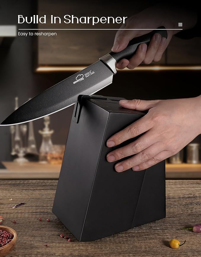 Amorston Knife Set, 15 Pieces Kitchen Knives Set with Block and Built in Sharpener, Dishwasher Safe Knife Block Set, German Stainless Steel Knife Block Set for Home Kitchen Gifts, Black