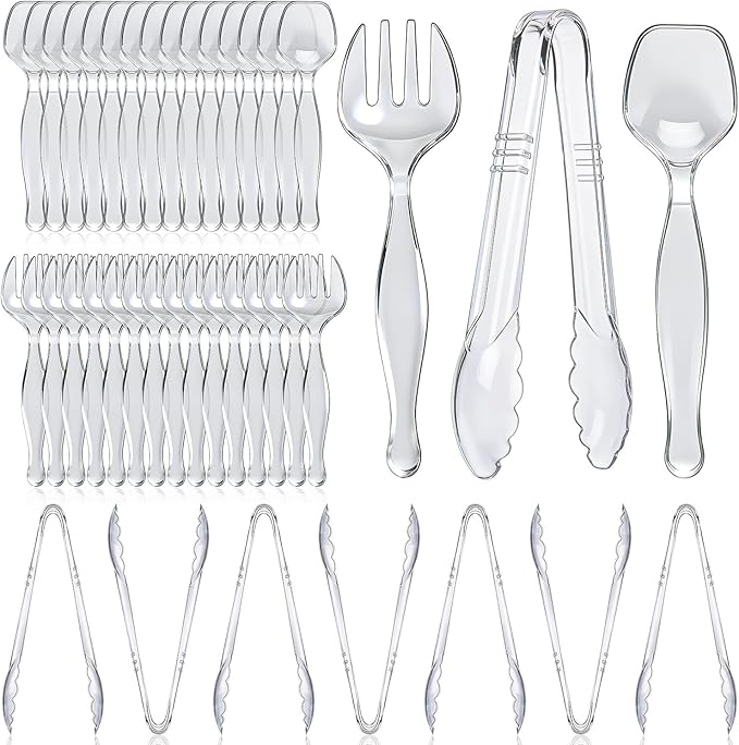 Plastic Serving Utensils, Clear Serving Spoons Set Including 8 Disposable Plastic Tongs 16 Spoons and 16 Forks Supplies for Catering, Entertaining and Parties