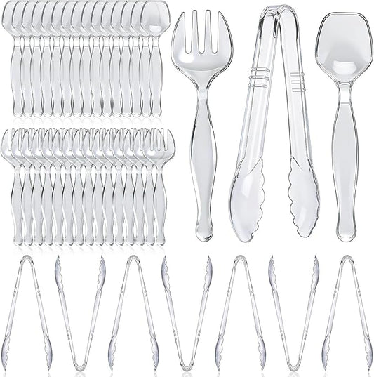 Plastic Serving Utensils, Clear Serving Spoons Set Including 8 Disposable Plastic Tongs 16 Spoons and 16 Forks Supplies for Catering, Entertaining and Parties