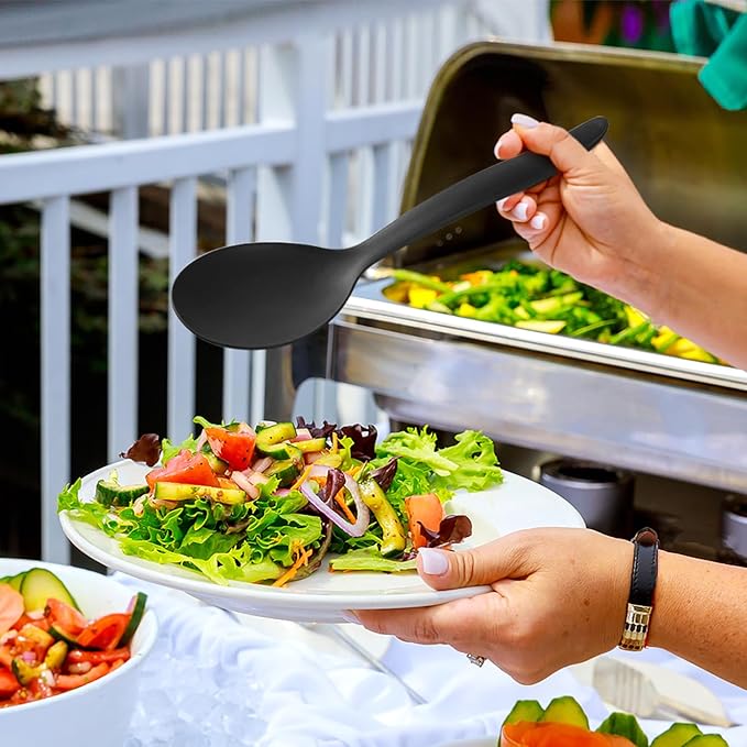 Reusable Plastic Serving Utensils Set of 12, Wheat straw Large Serving set 10" Serving Spoons/10" Slotted Spoons/9.4" Tongs, for Party Buffet Catering (Black, Not for Cooking)