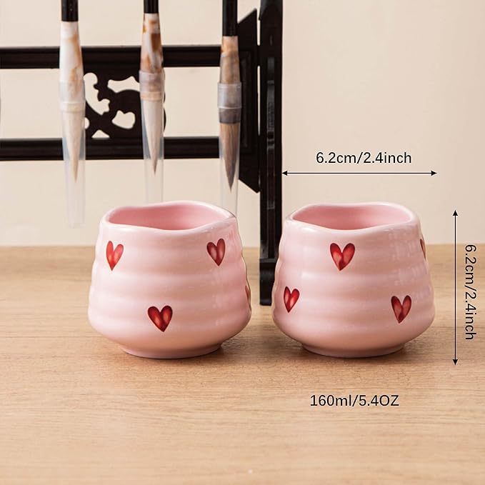 4pcs Japanese Tea Cup Set – 160ml 5.4OZ Ceramic Matcha Cup, Small Handless Espresso Cups, Cute Coffee Mugs for Girls (Pink Love)