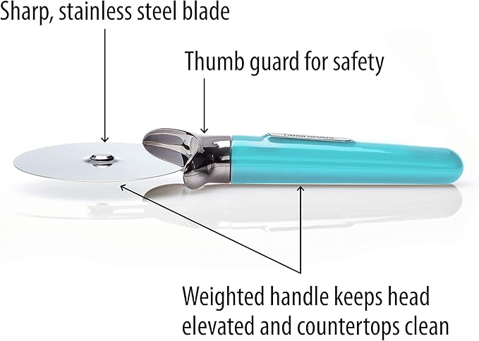 Farberware Pro Stainless Steel Pizza Cutter with Thick Blade to Cut Through Crust, Quesadillas, Brownies, ect, Elevated Wheel to Prevent Countertop Mess,Dishwasher Safe, Aqua, 9.37-Inch