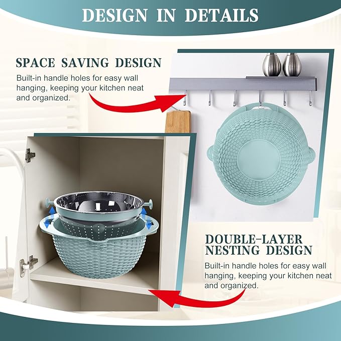 4-1 Colander with Bowl Set - Strainers for Kitchen(Patented), Food Strainers and Colanders, Pasta Strainer with New Upgraded Graters for Fruit, Veggie Washing, Aesthetic Cooking Present - Blue