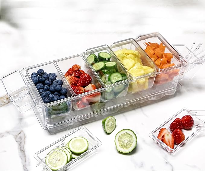 IVYHOME Chilled Condiment Server, Taco Bar Serving Set, Versatile Ice Containers, with 5 Lidded Containers and Detachable Ice Storage Layer, 2 Hanging Cups for Storing Tong and Forks