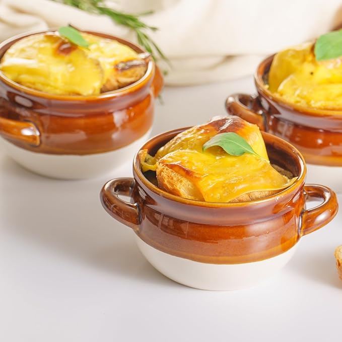 French Onion Soup Bowls with Handles, 28 oz Ceramic Soup Crocks Oven Proof Soup Bowls for Chilli, Cereal, Pot Pies - French Onion Soup Crocks, Oven, Broil & Dishwasher Safe, Set of 4