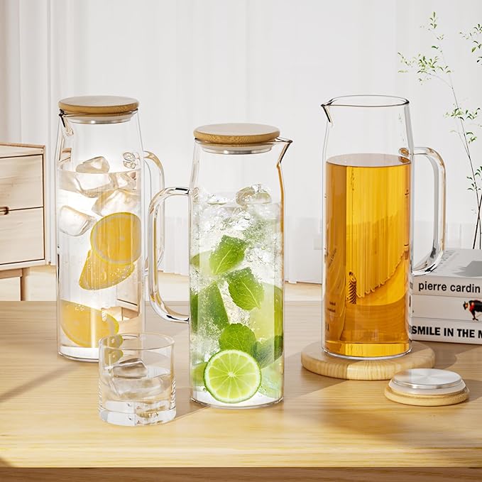 3 Sets Glass Pitcher with Lid, 50 oz / 1500 ml Water Carafe with Handles Hot Cold Beverage Water Jar Glass Jug (Bamboo lid)
