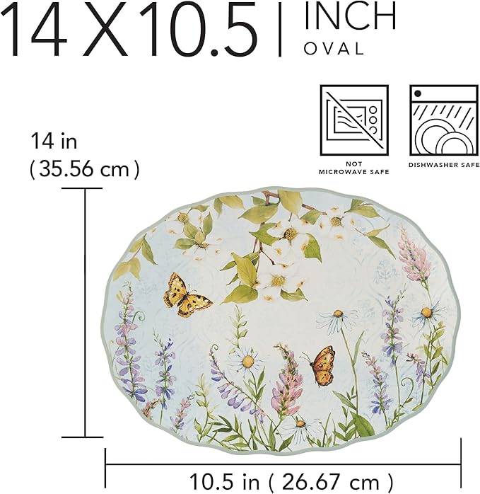 Easter Meadow 14x10.5-Inch Oval Serving Platter – Beautiful Butterfly & Floral Design, Ideal for Fruit, Cheese, Pastries & Desserts – Perfect for Easter Decor – Dishwasher Safe