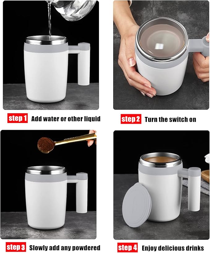 Self Stirring Mug,Rechargeable Auto Magnetic Coffee Mug with 2Pc Stir Bar,Waterproof Automatic Mixing Cup for Milk/Cocoa at Office/Kitchen/Travel 14oz Best Gift - White