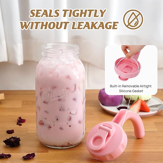 Soligt Glass Mason Jar Pitchers with Lids, Wide Mouth Flip Cap Pour Spout Leak-proof Lid with Handle, 64 oz/2 Quart, for Iced Coffee/Sun Tea Juice/Cold Brew/Milk (2 Pack, Taffy Pink + Baby Blue)