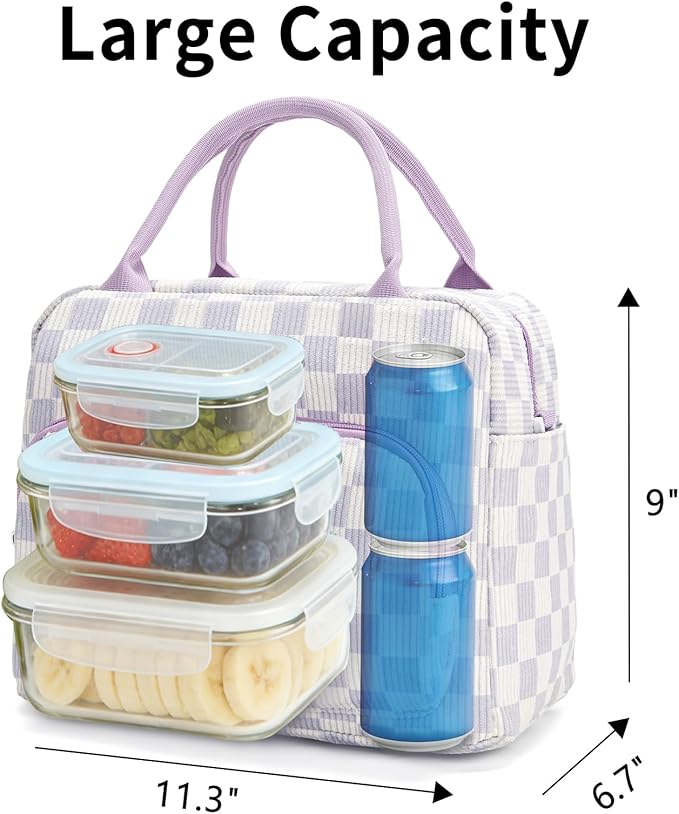 Lunch Box for Women Insulated Lunch Bag Women Adult Cute Lunch Bags Reusable Lunchbox Cooler Tote Bag for Work Picnic (Purple Plaid)